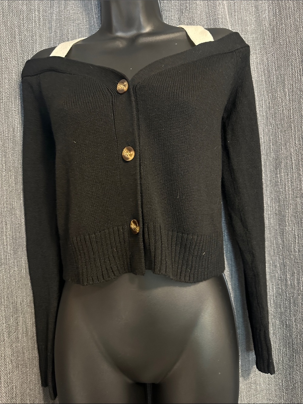 Lovers + Friends Black Off-Shoulder Button Cardigan with Gold Buttons